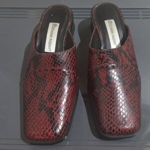 Etienne Aigner Red and Black Snake Print Mules